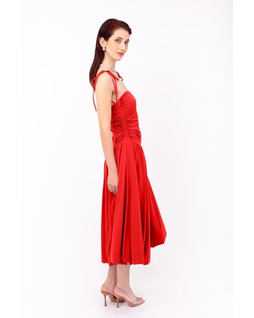 amy lynn puffball dress red Amy Lynn Alexa puffball shoulder tie midi dress in velvet in red