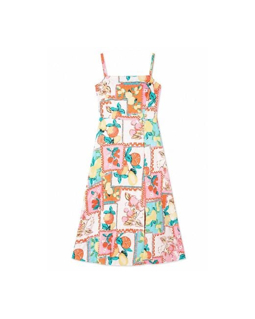 Yumi' White Multicolour Fruit Print Midi Sun Dress Ruched Back