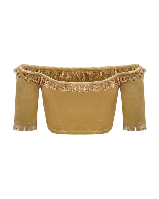 Why Mary Natural Off The Shoulder Velvet Crop Top With 3/4 Sleeves