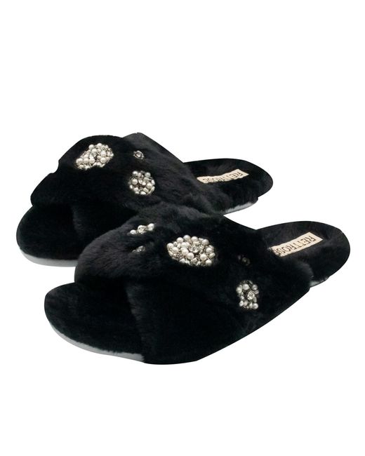 Rettrose Black Juliette Luxury Plush Diamanté Embellished Handmade Slipper