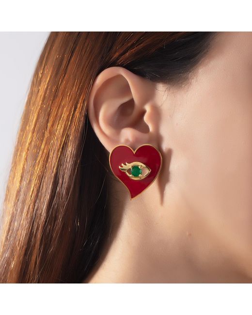Milou Jewelry Red Heart Earrings With Evil Eye