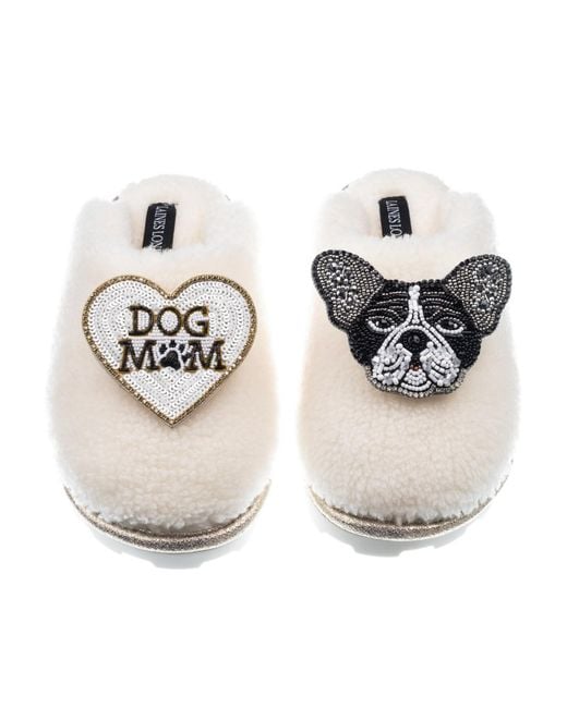 Laines London Metallic Teddy Closed Toe Slippers With Coco The Frenchie & Dog Mum Mom Brooches