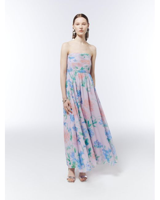 Sour Figs Blue Watercolour Wildflower Strapless Maxi Dress