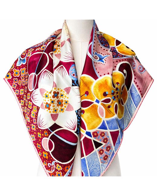Wenzi Red Rhythms Of Bloom Hand Painted Pattern Double Sided Silk Twill Scarf
