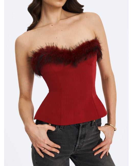 Miss Circle New York Red Ivette Crimson Fur-Trimmed Peplum Top
