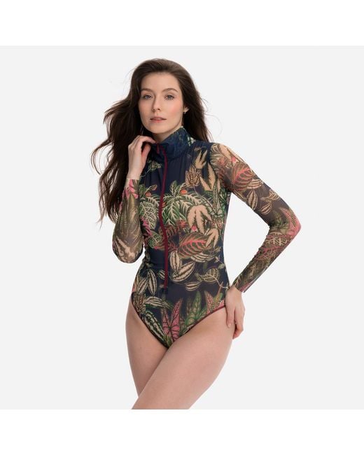 Rodasoleil Smart Swimwear Blue Tan-Through Mesh One-Piece Zipper Swimsuit With Sleeves Botanicum