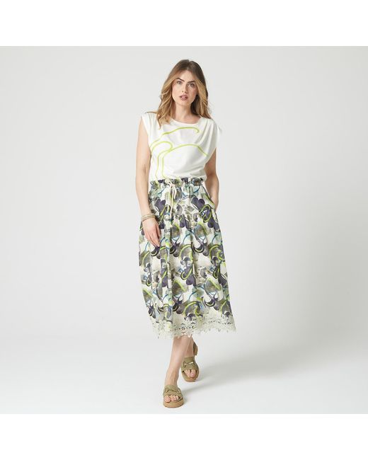 Lalipop Design Green Linen Tiered Drawstring Skirt With Trims Of Lace Appliques
