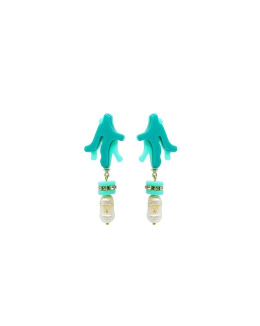 Gissa Bicalho Blue Handmade Earring Coral Pendant And Pearl