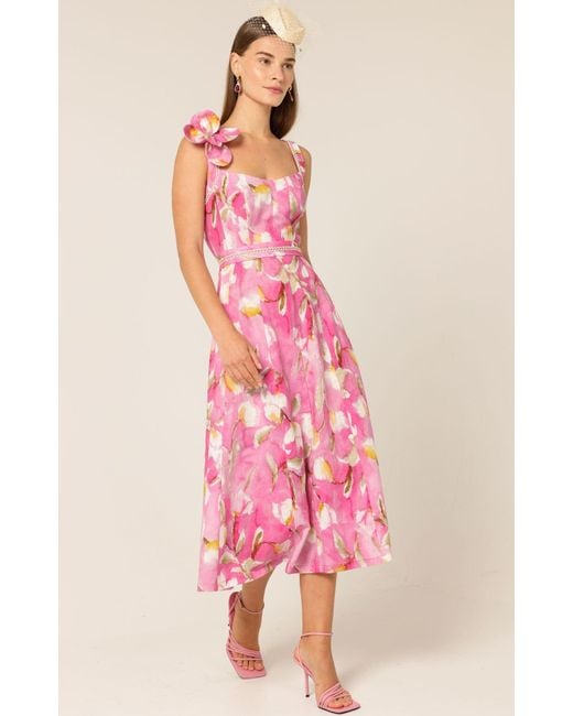 SACHA DRAKE Pink Tulip Rose Midi Dress