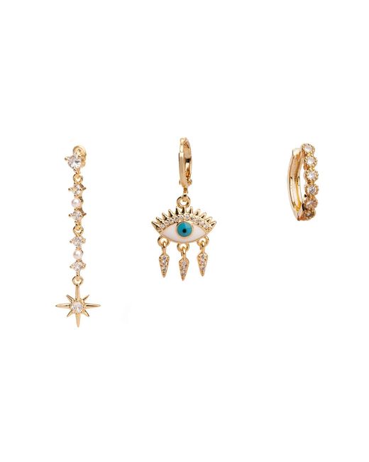 Ebru Jewelry Metallic Guidance Star Evil Eye & Diamond Hoop Protection Trio Earring Set