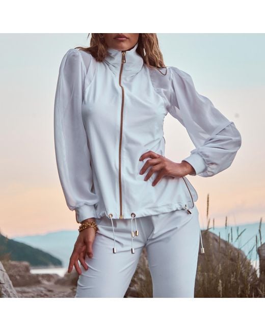 ANTONINIAS White Elegant Panacea Tracksuit Jacket With Golden Details And Chiffon Sleeves