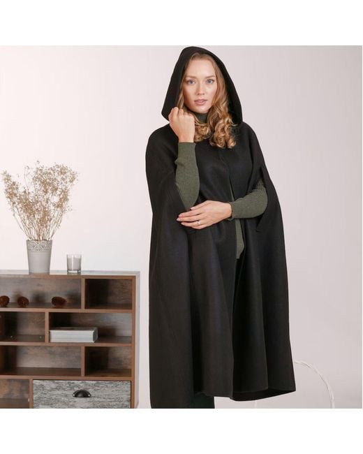 Nikka Place Black Wool Hooded Cloak Coat For Winter