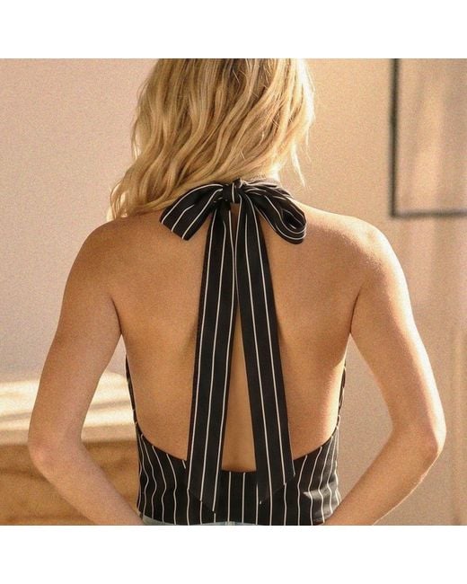 Marianne by Marie Jordane Black Parker And Striped Backless Halter Top