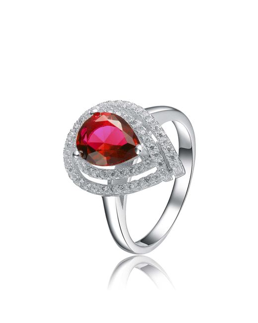 Genevive Jewelry Pink Sterling Silver Red Pear Cubic Zirconia Ring