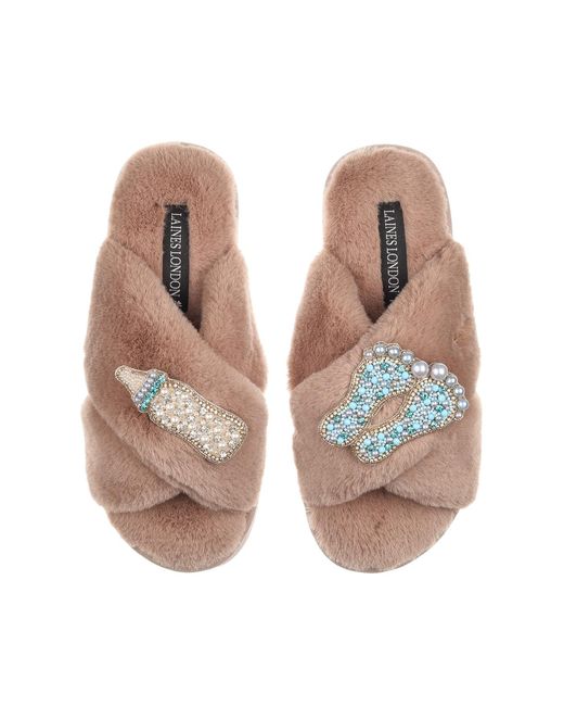 Laines London Brown Classic Laines Slippers With New Baby Boy Brooches