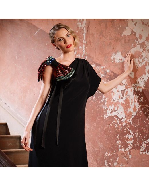 Monessa Joan Black One Shoulder Dress With Detachable Sequin Bow