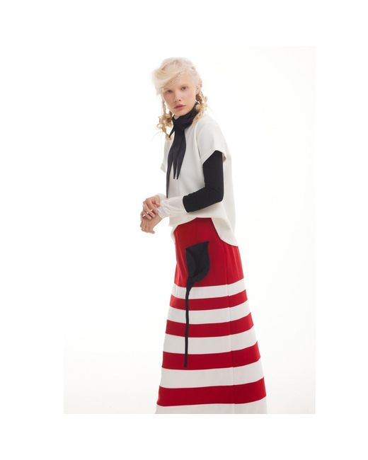 Julia Allert Red Contemporary Striped A-Line Skirt, Floral Detail–