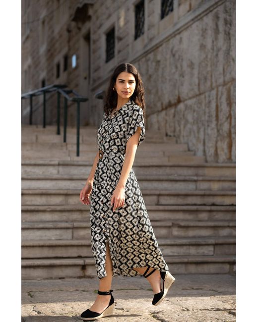 Yumi' Black Viscose Midi Shirt Dress With Matching Belt