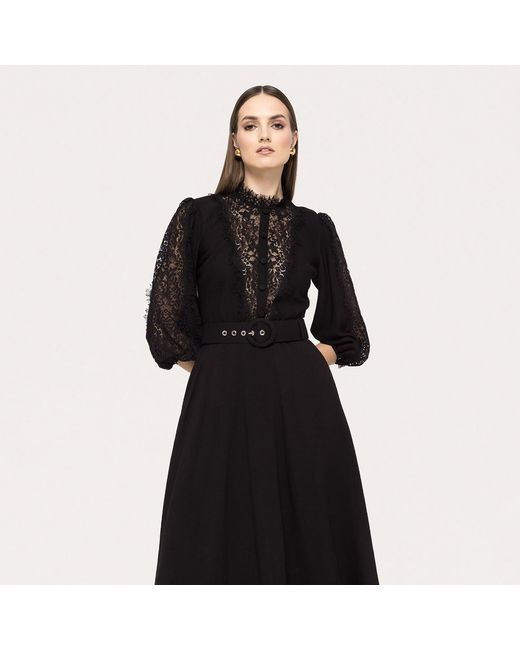 Nissa Black Lace-Insert Viscose Midi Dress