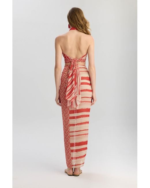 Lilamie Red Aruba Chiffon Side Tie Summer Pareo Skirt
