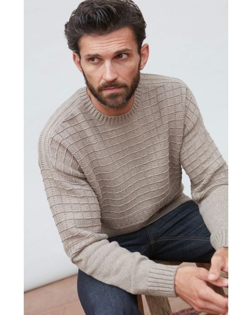 Paul James Knitwear Gray Midweight Cotton Sennen Grid Knit Gansey Jumper for men