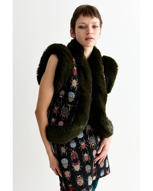 Louche Green Dominica Beetlejuice Jacquard Faux Fur Trimmed Waistcoat