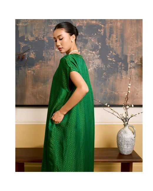 Silk and Bears Green Seraphine Emerald Jade Geometric Jacquard Silk Kaftan Maxi Dress