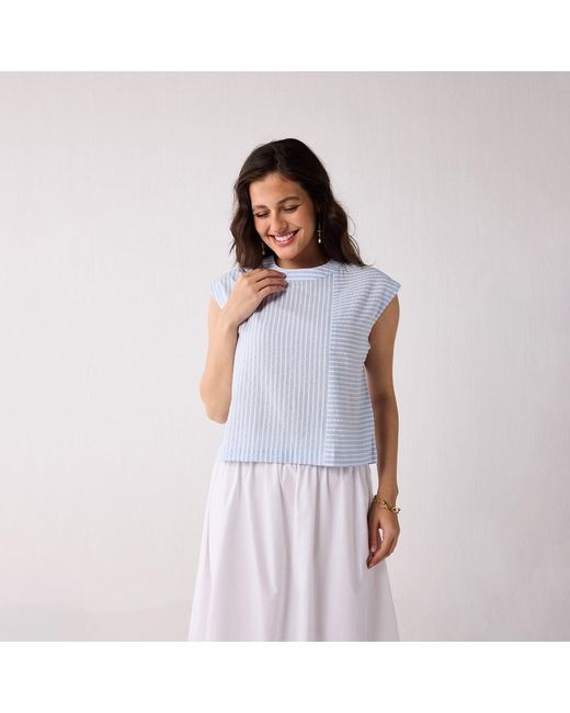 REISTOR Blue Button-Back Crew Neck Top
