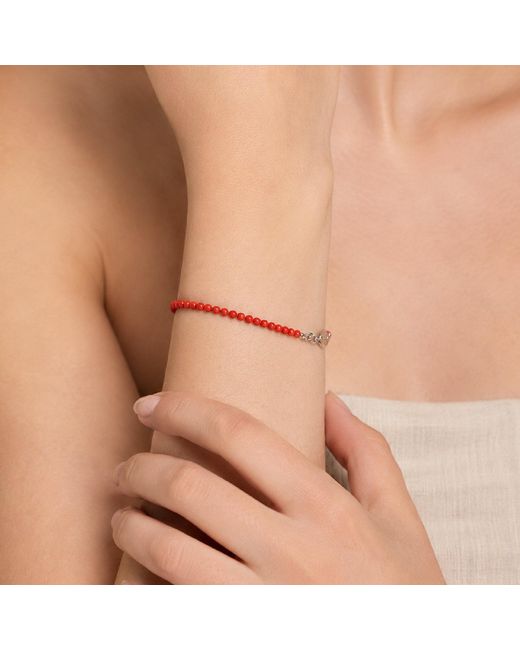 Unaloe Red Natural Coral Bracelet With Small Round Beads And -Plated Sterling