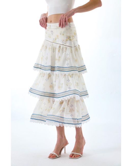 We Are Kindred White Cynthia Silk Tiered Midi Skirt