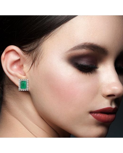 Artisan Green Flower Carving Emerald Stud Earrings 18k White Gold Diamond Handmade