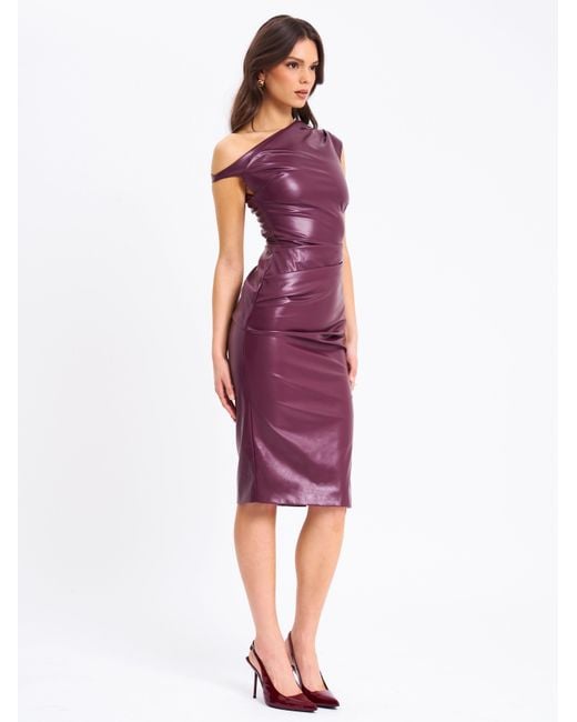 Miss Circle New York Purple Sabina Leather Slash Neck Midi Dress