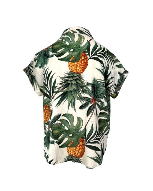 L2R THE LABEL Green Leaves & Pineapple Print Linen Short-Sleeved Shirt