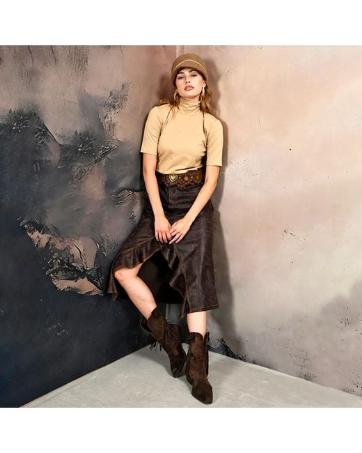 Lalipop Design Gray Ruffled Front Vegan Leather Midi Skirt