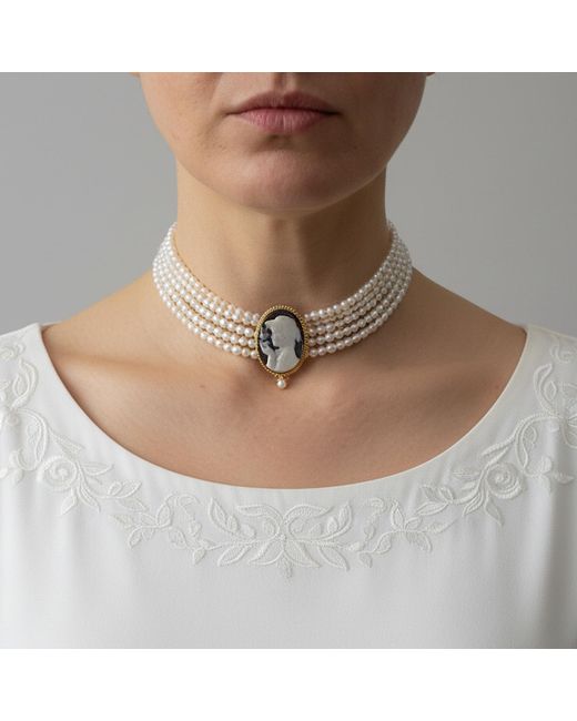 Vintouch Italy Blue Audrey Cameo Necklace With Pearls