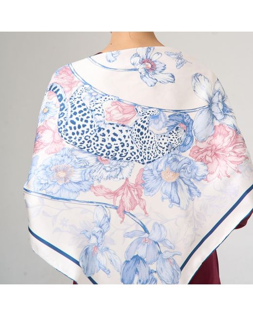 Silk and Bears Blue Leopard & Floral Silk Twill Scarf – Printed Mulberry Silk, Gift For Her