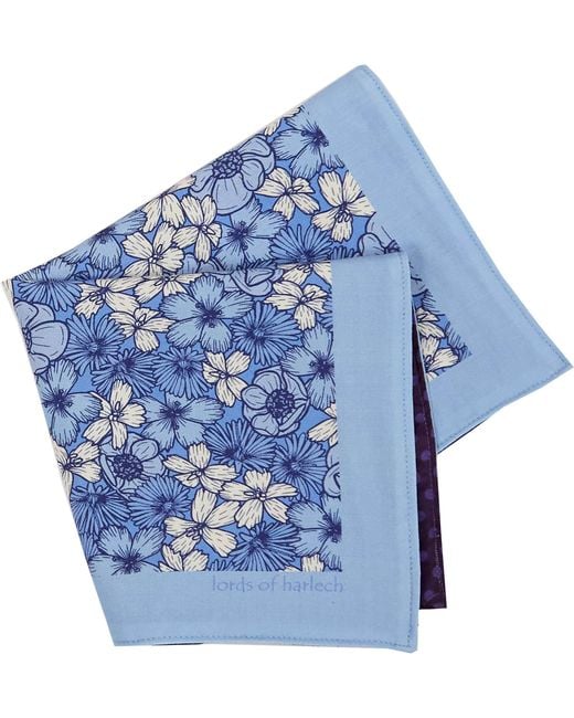 Lords of Harlech Blue Hudson Dense Floral Merino Handkerchief Pocket Square for men