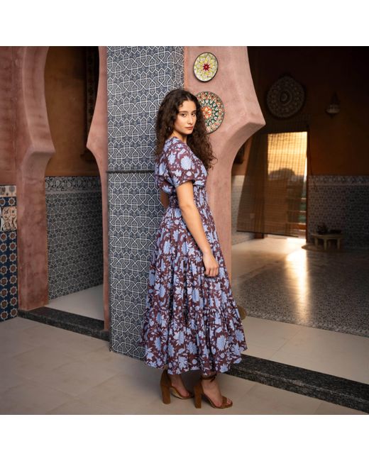 Echo of Pink Blue Evelyn Hand Block Print Maxi Cotton Tiered Dress