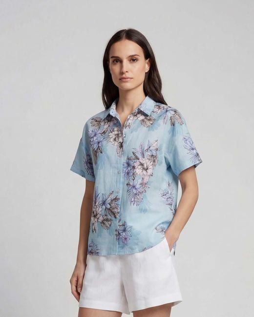 Lords of Harlech Blue Lara Exotic Floral Linen Printed Shirt
