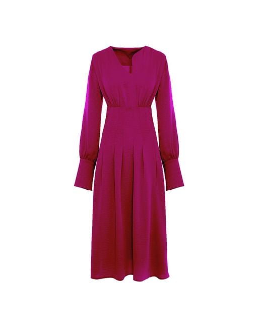 BLUZAT Red Fuchsia Midi Dress With Pleats And Asymmetrical Cut Neck