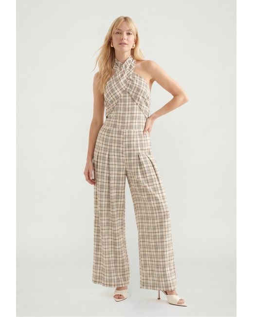 Lily and Lionel Gray Neutrals Ardern Halterneck Check Culotte Jumpsuit