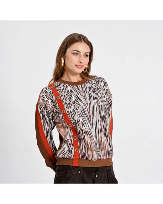Lalipop Design Brown Animal Print Knit Sweatshirt With Button Detail