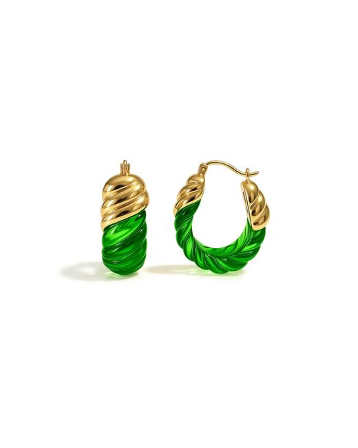 Gold & Honey Green Emerald Rope Shrimp Lucite Birthstone Hoop Earrings