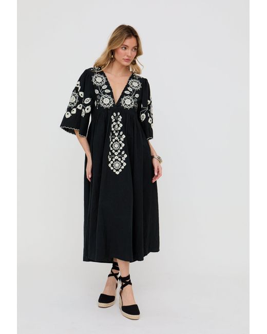 Raffya Black Arianna V- Neck Embroidered Maxi Dress