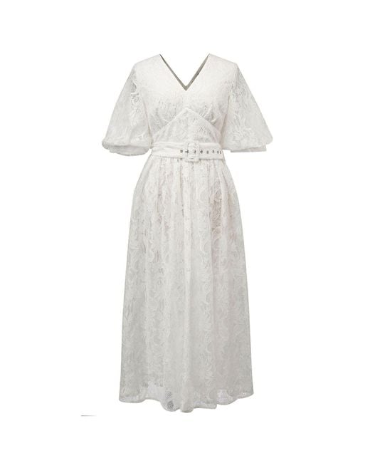 Smart and Joy White All-Lace Puffy Sleeves Dress With Belt