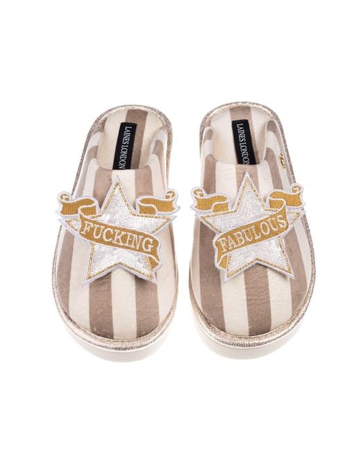 Laines London Metallic Neutrals Flatform Stripe Closed Toe Slippers With & Fucking Fabulous Brooches