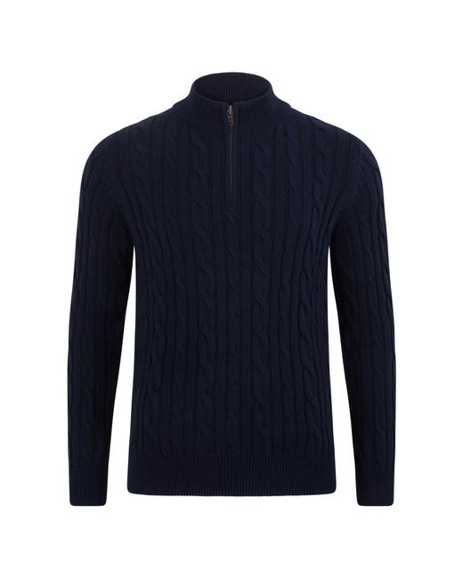 Paul James Knitwear Blue Midweight Romano Cotton Cable Zip Neck Jumper for men