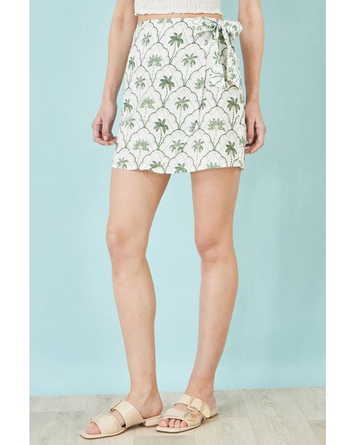 Yumi' White Palm Print Cotton Wrap Skirt
