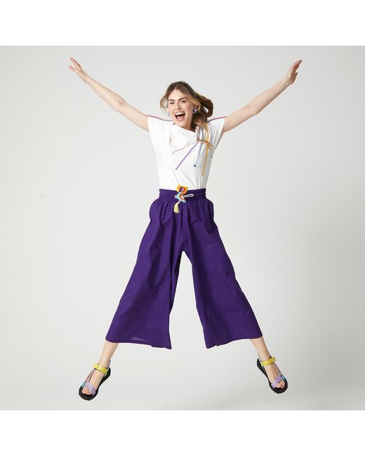 Lalipop Design Purple Cropped Wide-Leg Voile Pants With Crochet Belt