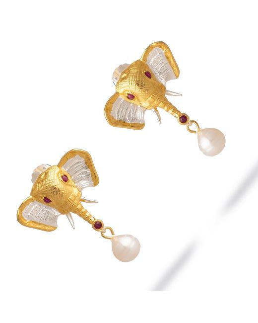 Ebru Jewelry Metallic Guardian Elephant Ruby & Pearl Earrings